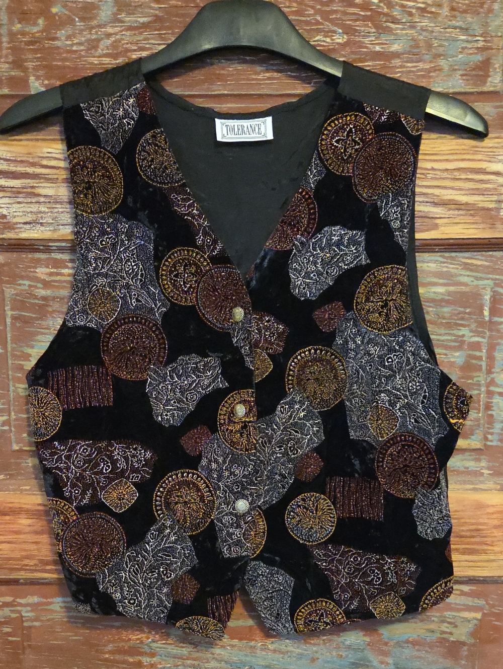 Vintage 80's Embossed Black Velvet Vest with Autumn Gold & Copper Embellishments